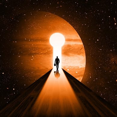 Business man walking on Keyhole Road The Mars Jupiter on Universe Cosmos background. Jupiter Business Future, Surreal Dreams and Imagination Concept